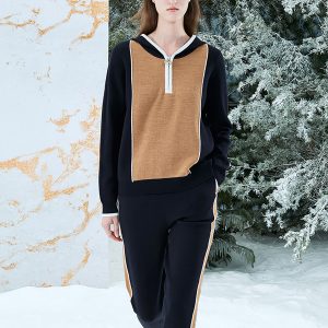 Spring & autumn bi-tone half zipper hooded women's knit pullover sweater