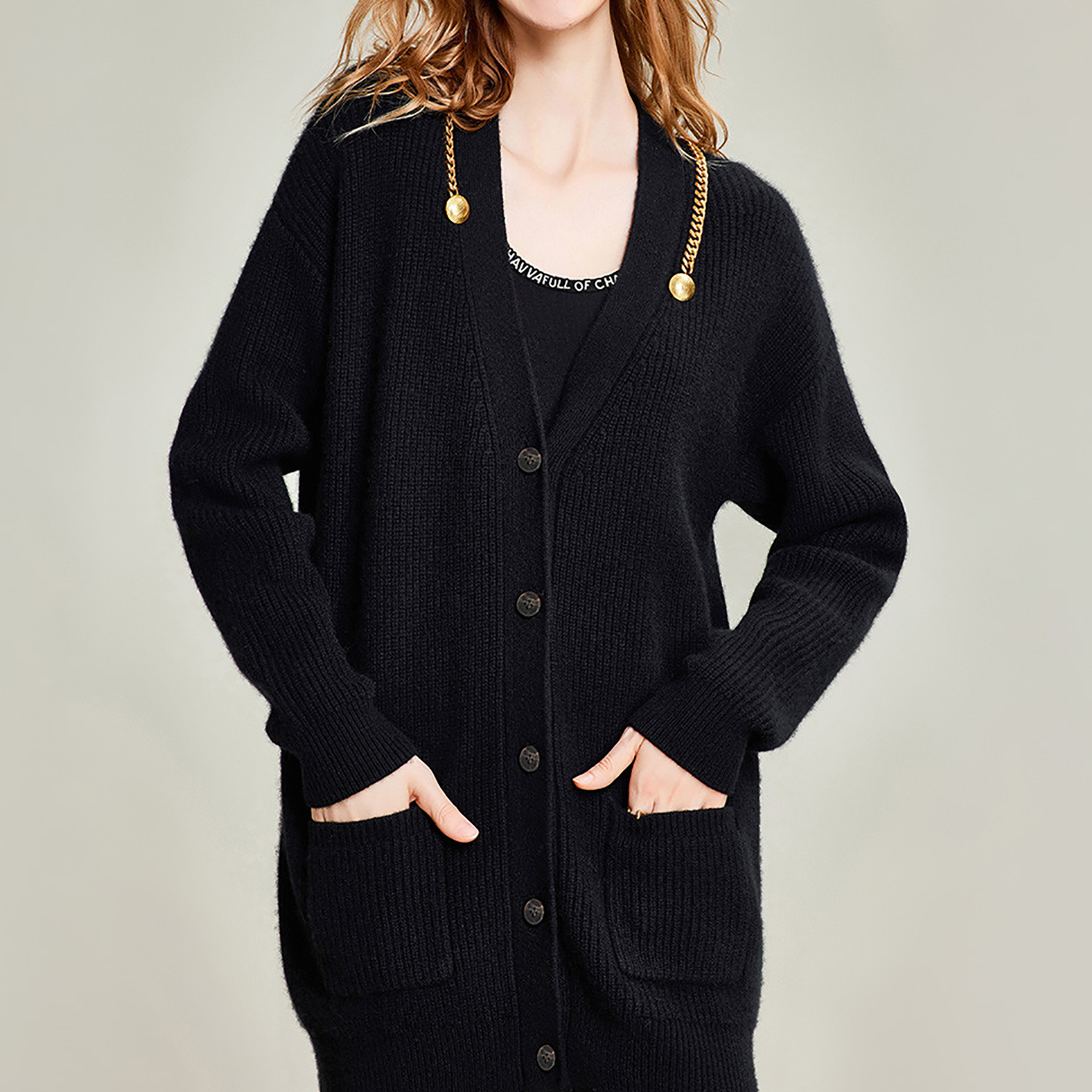 Autumn winter soft cashmere oversize black women's knit cardigan sweater - Sweater Factory