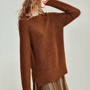 Autumn winter warm solid color crew neck soft women's knit pullover sweater