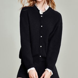 Autumn winter soft cashmere black lace neck women's rib knit cardigan sweater