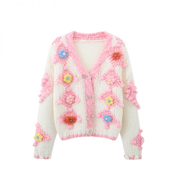 Spring fall sweet floral jacquard women's chunky knit cardigan sweater