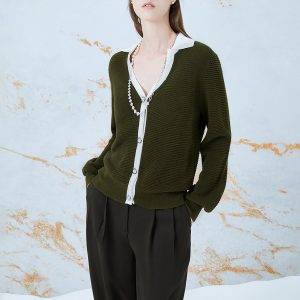 GREEN & WHITE CONTRAST WOMEN'S KNIT CARDIGAN TOP WITH PEARL BUTTONS