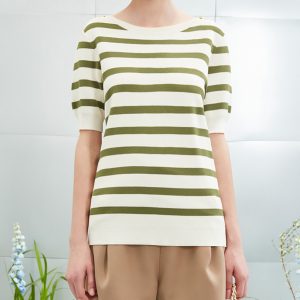 Spring half sleeve green & white stripe buttons women's knit pullover sweater top