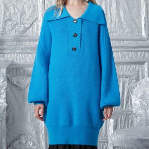 Wool blend oversize loose lapel lantern sleeve women's knit long sweater