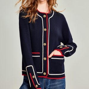 Autumn winter wool contrast trim jacket loose women's knit cardigan sweater