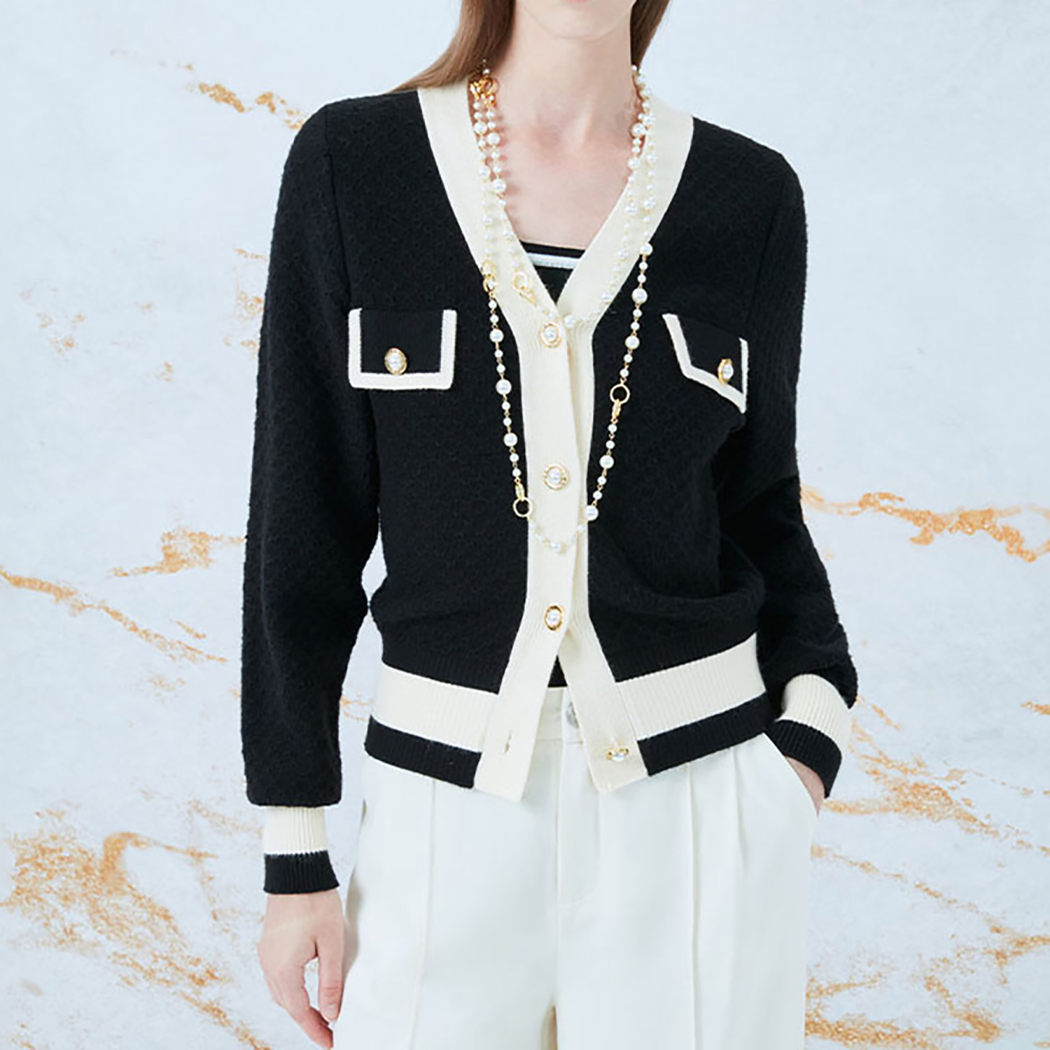 Autumn classic contrast trim pearl buttons women's knit cardigan sweater