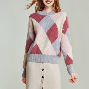 Autumn winter sweet contrast color plaid fit women's knit pullover sweater