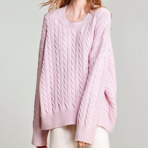 Autumn winter soft cashmere pink loose women's cable knit pullover sweater