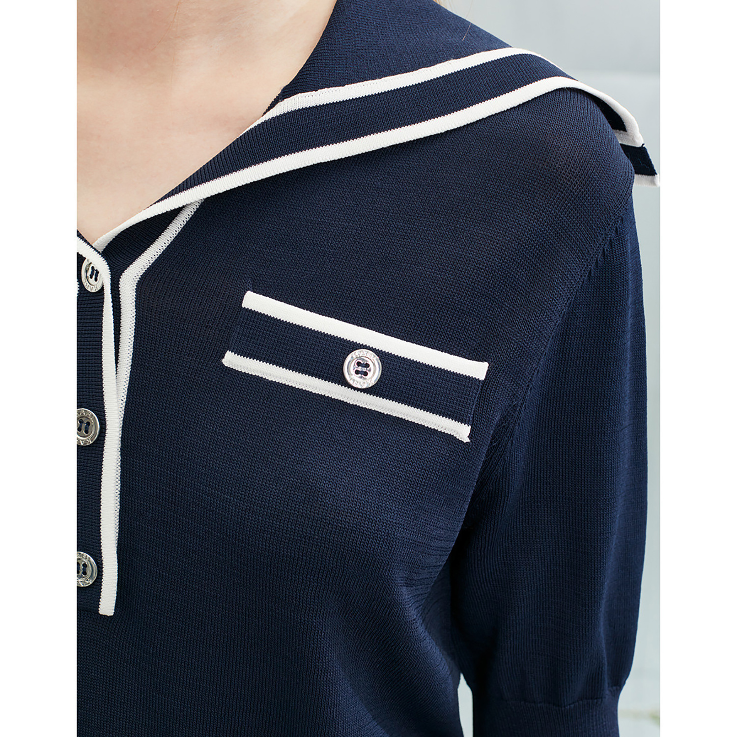 Spring contrast color sailor collar half sleeve women's knit pullover sweater top