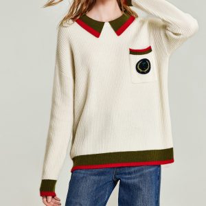 Women's Autumn Academy Style Contrast Polo Neck Knitted Sweater Women's Pullover