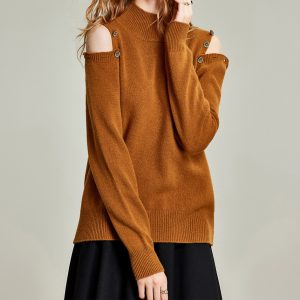 Half High Collar Solid Adjustable Off Shoulder Knitted Sweater Women's Pullover Sweater