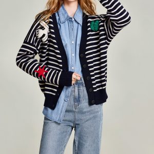 Cartoon pattern embroidered stripe women's knitted cardigan cute sweater jacket