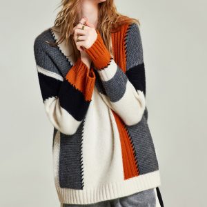Contrast round neck knitted sweater for women's stitching style pullover sweater