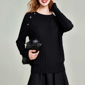 Twisted Flower Sweater Black Round Neck Button Knitted Sweater Women's Pullover Top