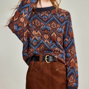 Bohemian style jacquard round neck women's knitted sweater with retro pattern pullover