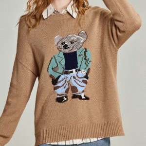 Little Bear Pattern Round Neck Knitted Sweater Women's Casual Loose Bottom Pullover