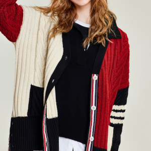 High quality custom European style color patchwork knitted cardigan women's sweater coat autumn and winter