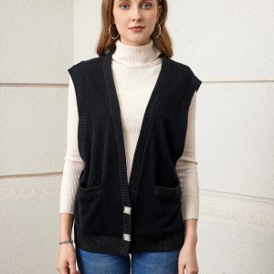Casual 100% cashmere black ladies knitted vest