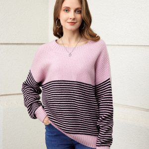 Leisure 100% cashmere Pink and black stripes long sleeve sweater for ladies