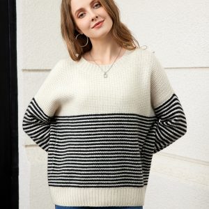Leisure 100% cashmere black and white striped long sleeve sweater for ladies