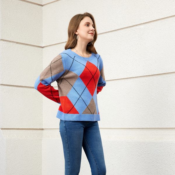 Leisure 100% cashmere bright color block splicing ladies long-sleeved sweater - Image 4
