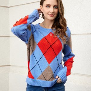 Leisure 100% cashmere bright color block splicing ladies long-sleeved sweater