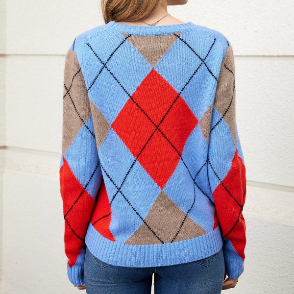 Leisure 100% cashmere bright color block splicing ladies long-sleeved sweater - Image 3