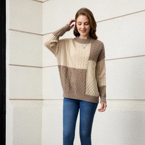 Casual warm color block texture pattern ladies cashmere sweater