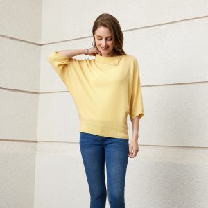 Elegant 100% cashmere golden yellow turn over collar pullover for ladies