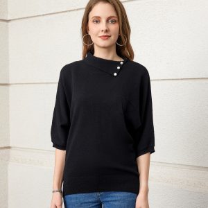 Elegant 100% cashmere black turn over collar pullover for ladies
