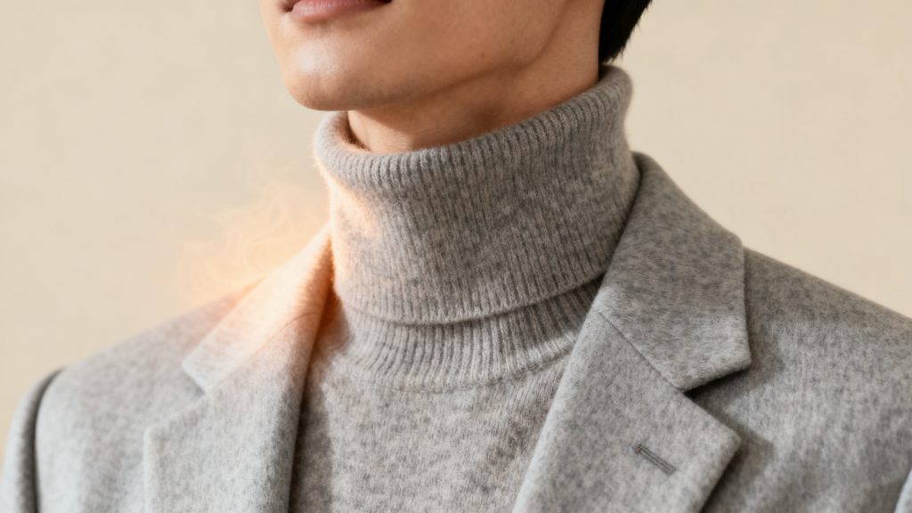 Close up of soft cashmere turtleneck base layer for women's winter office outfit showing slim warm fit