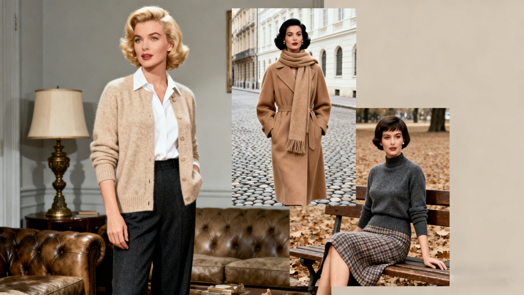 20th century Hollywood stars cashmere sweaters scarves understated refinement timeless silhouettes