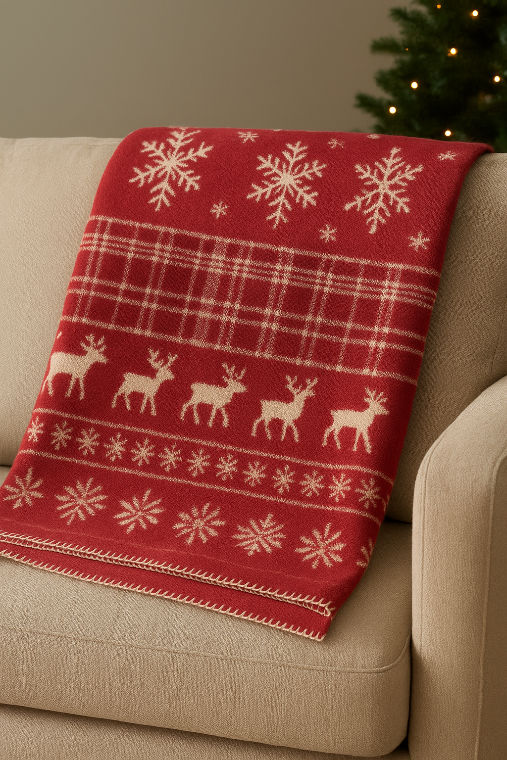 Christmas Cashmere Blanket with Reindeer and Snowflake Patterns