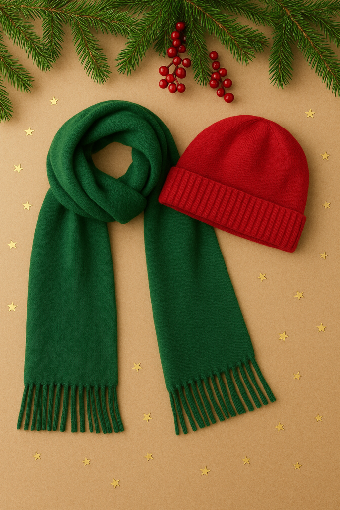 Christmas Cashmere Set: Green Scarf and Red Beanie with Star Decor