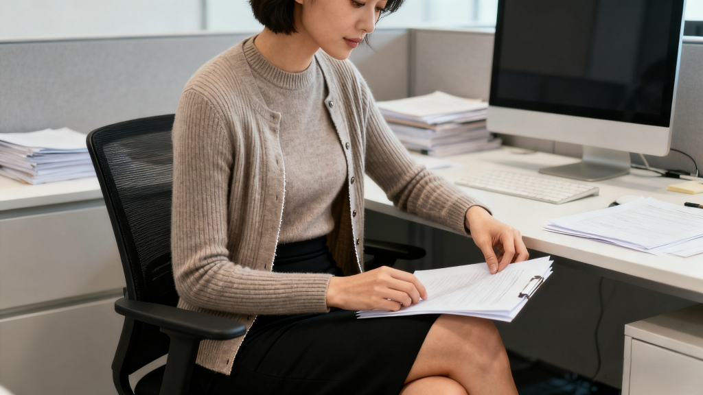Woman wearing slim wool cardigan mid layer with cashmere base in professional office setting