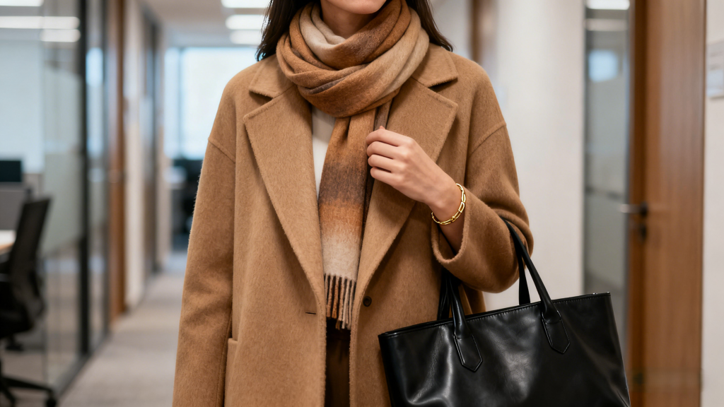 Cashmere scarf and leather tote bag as warm elegant accessories for women's winter office wear