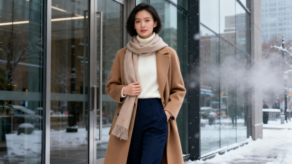 Professional woman wearing warm elegant winter office outfit with cashmere layers outside office building in cold weather
