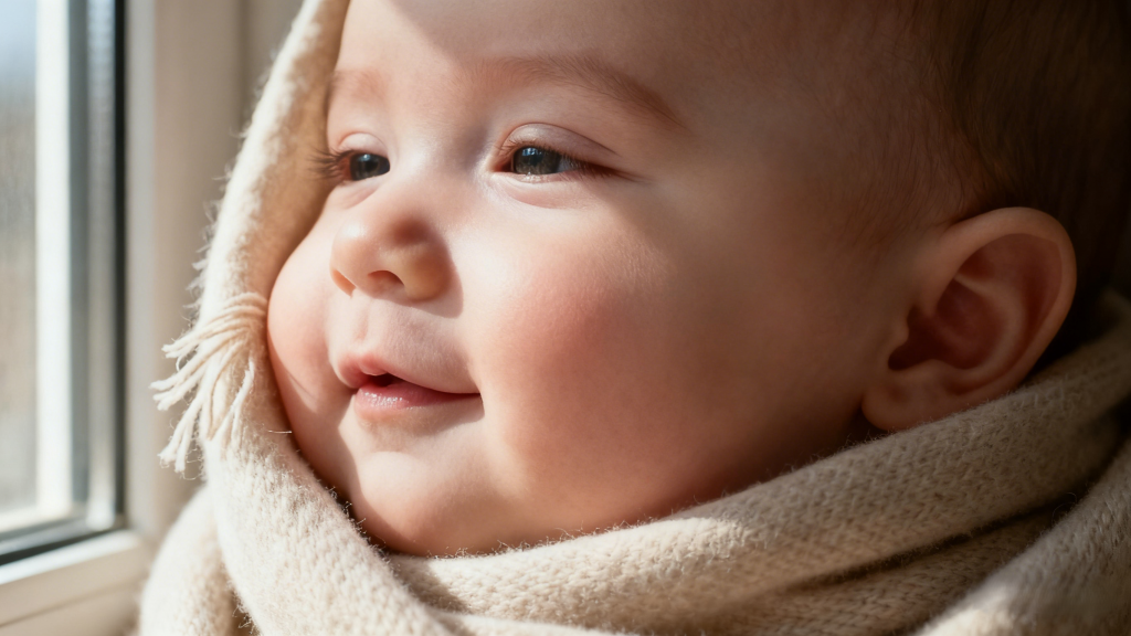 Baby in Soft Cashmere Scarf by Window, Showing Gentle Texture