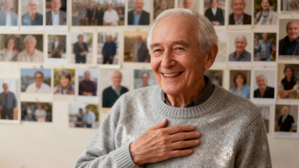 Elderly Man in Sparkly Gray Sweater