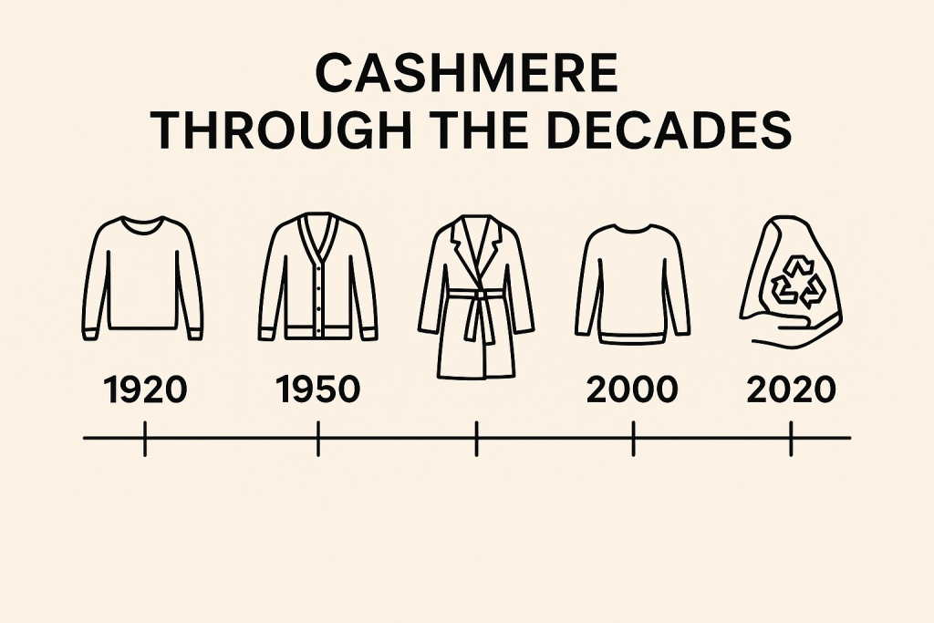 infographic timeline of cashmere through the decades 1920 sweater 1950 cardigan 2000 coat 2020 recycled fiber sustainable fashion