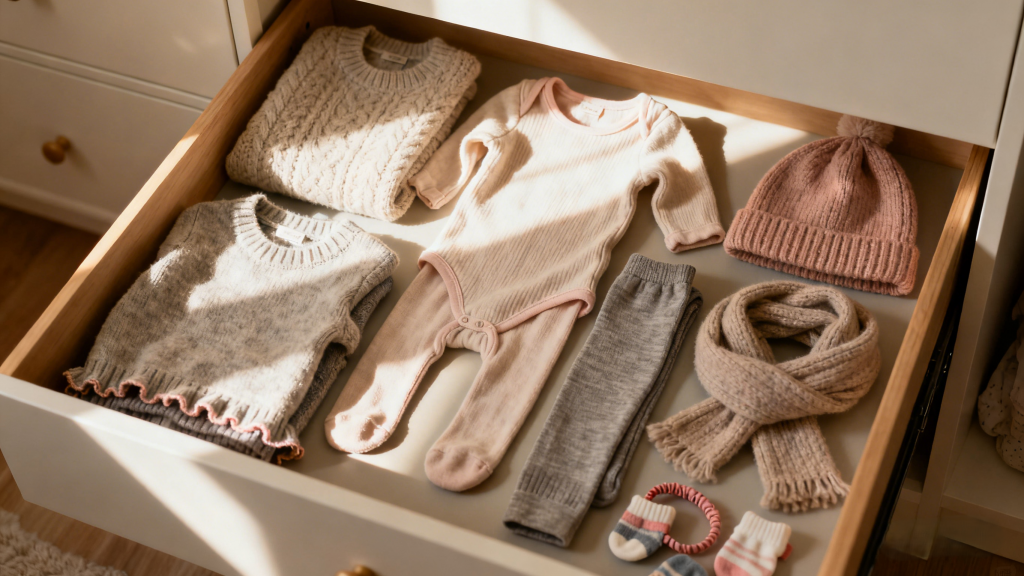 Toddler cashmere clothing set in real wardrobe drawer