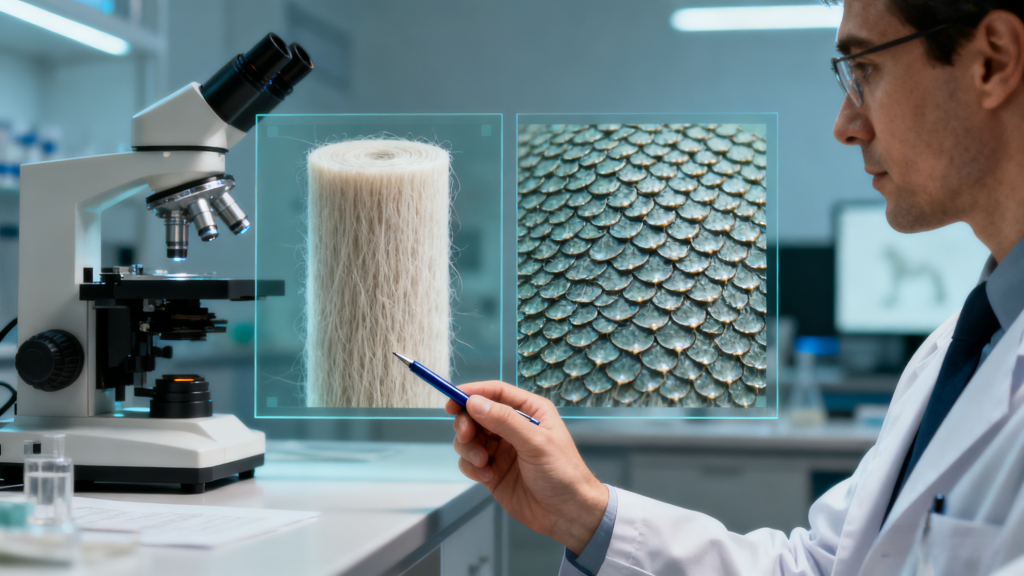 Dermatologist examining cashmere vs wool fibers under microscope