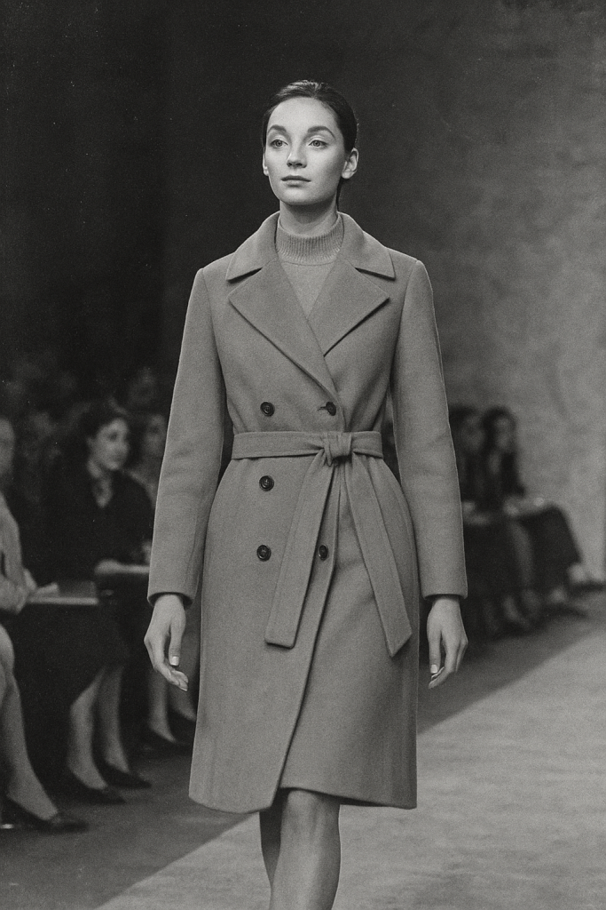 black and white runway photo of model wearing tailored cashmere coat with turtleneck sweater 20th century luxury fashion show
