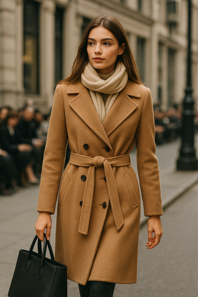 modern street style of woman in camel cashmere coat paired with cream cashmere scarf holding black leather tote bag urban fashion