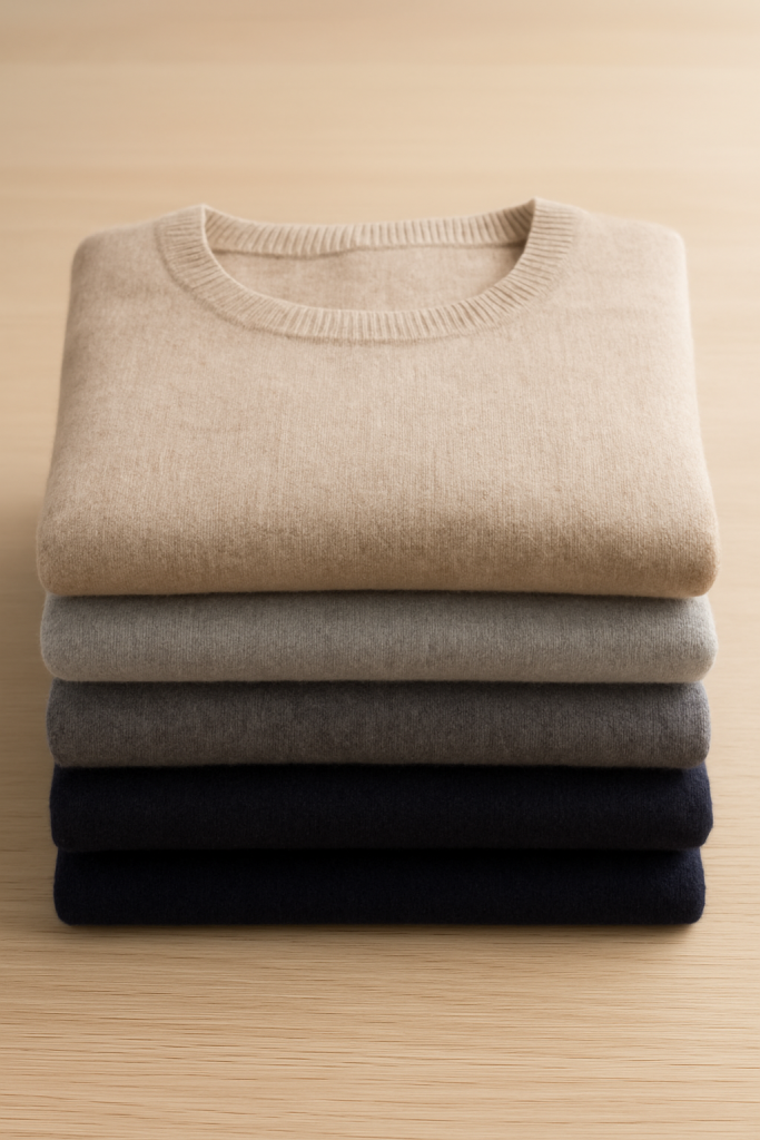 Stacked Cashmere Sweaters in Neutral Tones: Beige, Gray, Dark Gray, Navy