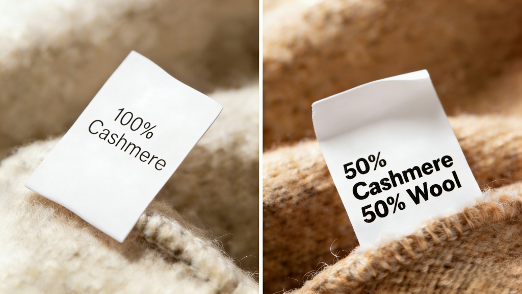 Split image: Left tag shows "100% Cashmere" (pure, premium cashmere fabric); right tag displays "50% Cashmere 50% Wool" (blended, lower-grade fabric).