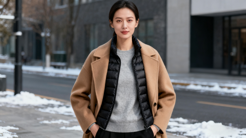 Woman dressed in a slim-fit cashmere sweater, thin down vest, and tailored camel wool coat, demonstrating a bulky-free winter layering formula in an urban snowy setting.