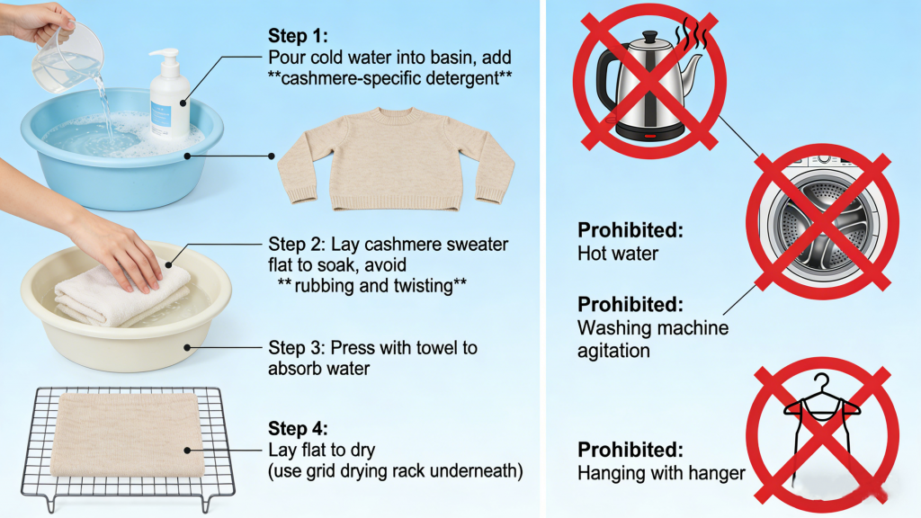 nfographic of cashmere washing steps (cold water soak, towel press, flat drying) and prohibited methods (hot water, machine wash, hanging).