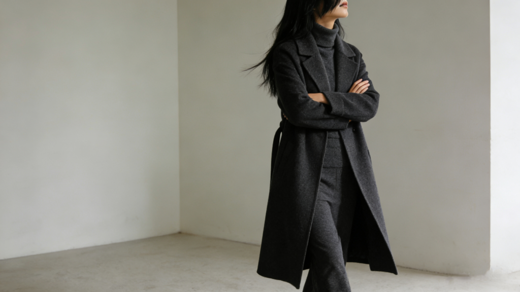 Sleek monochromatic winter look: Charcoal wool belted overcoat, matching turtleneck sweater, and tailored charcoal trousers – understated sophisticated ensemble