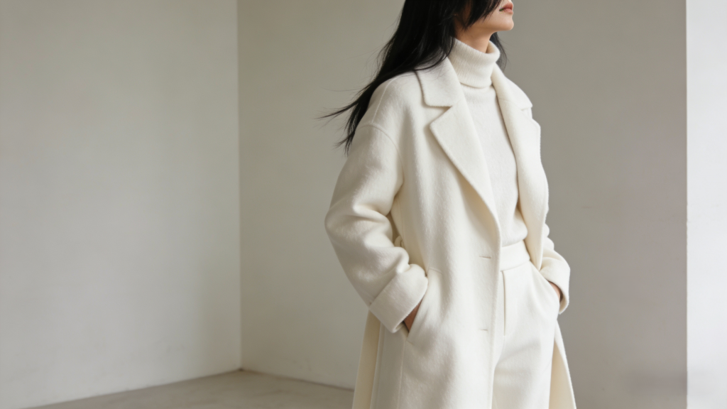 Elegant monochromatic winter look: Oversized cream wool coat, matching cream turtleneck sweater, and tailored cream trousers – minimalist luxury ensemble